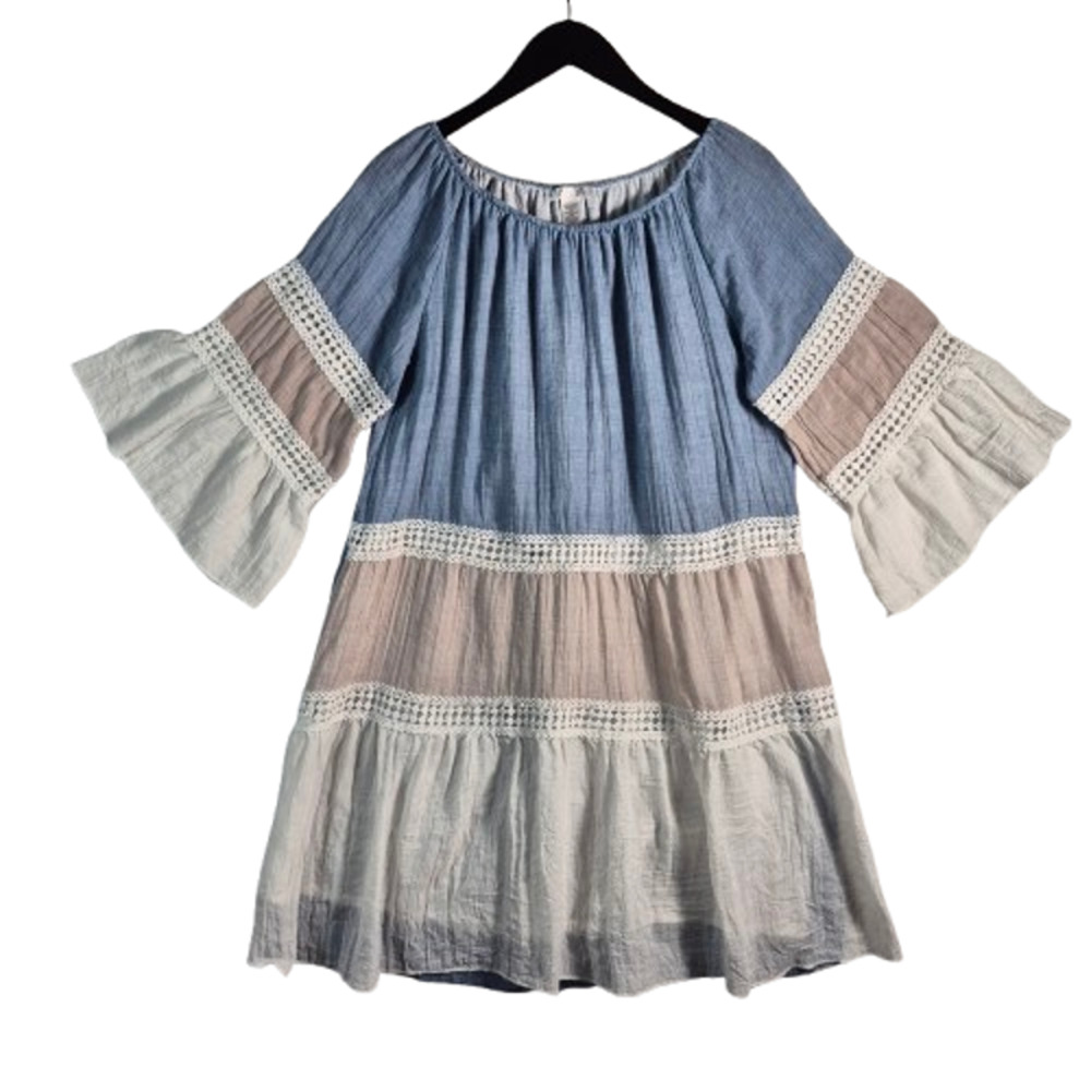 VASNA Blue/Beige/Ivory W/ Lace Flared 3/4 Sleeve Casual Dress Womens Size S